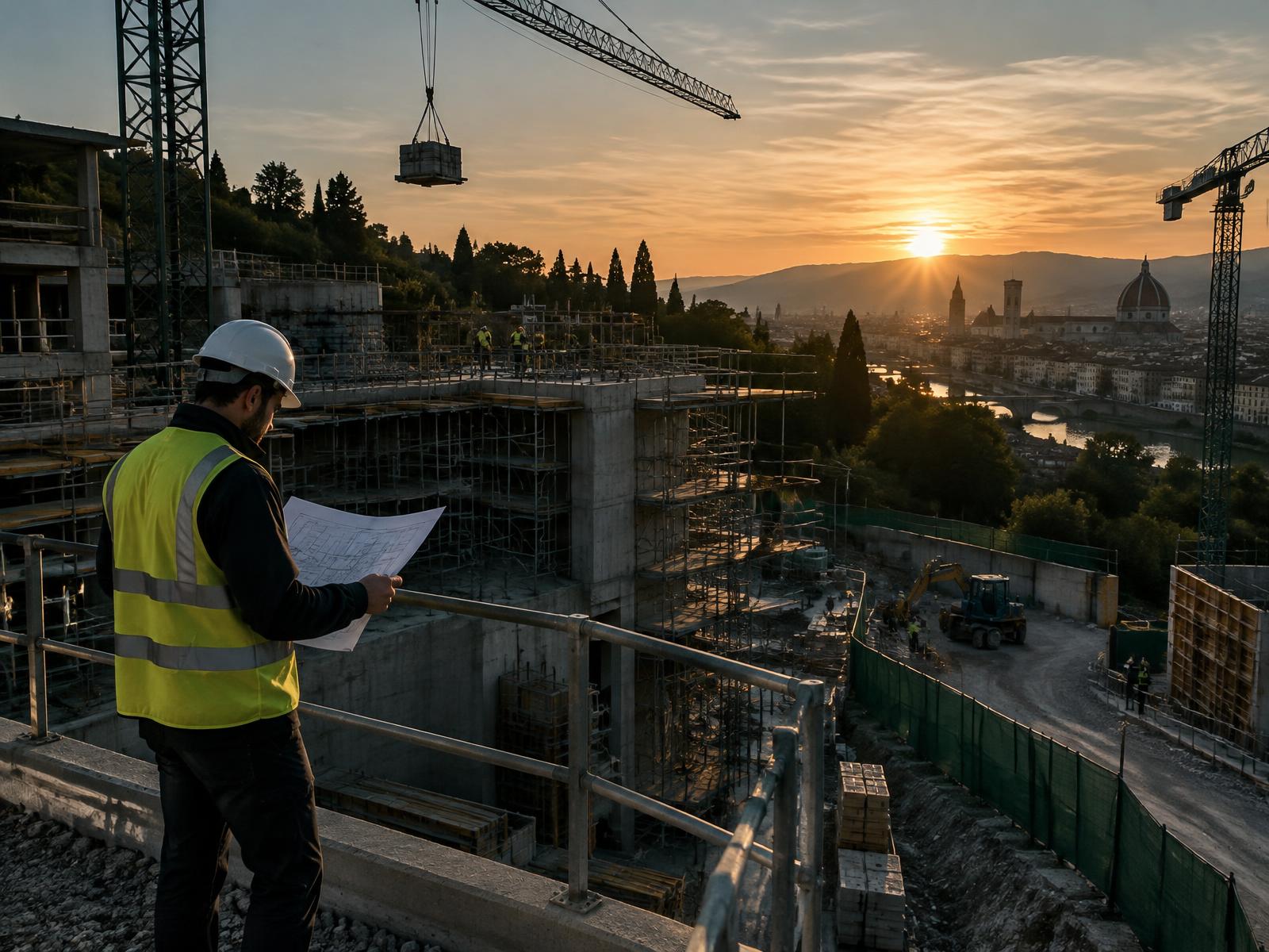 Cantiere edile con gru e operatore in gilet ad alta visibilità